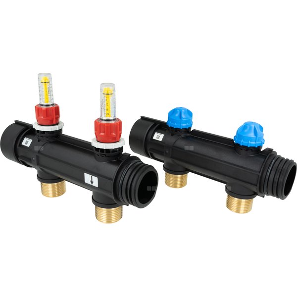 Dwa obiegi rozdzielacza ProCalida IN 1 1/2", rozstaw 100 mm, G1", rotametry 4-20 l/min