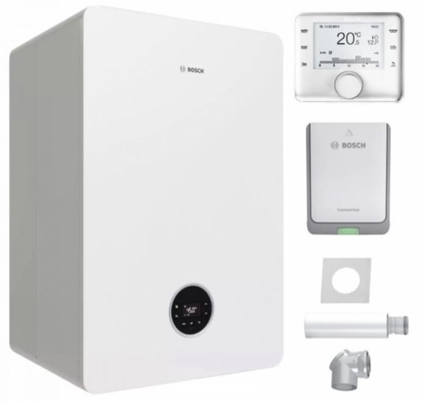 Pakiet - Kocioł gazowy dwufunkcyjny BOSCH TERMOTECHNIKA CONDENS GC5300iWT24/48 kondensacyjny wiszący 22 kW + Czujnik temperatury zewnętrznej + RegulatorCW400 + Zestaw powietrzno-spalinowy szachtowy2581+ Moduł sterowaniaK30RF + Zasobnik c.w.uwbududowany wężownicowy 48 l