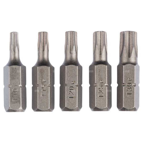 5-częściowy zestaw standardowych końcówek wkręcających do śrub z wpustem Torx (T) T10, T15, T20, T25, T30, 25 mm