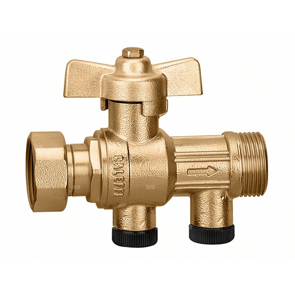 Zawór kulowy z wbudowanym, certyfikowanym zaworem zwrotnym. Z możliwością nadzoru. Nakrętka - przyłącza z gwintem zewnętrznym 3/