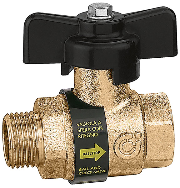 BALLSTOP - Zawór kulowy z wbudowanym zaworem zwrotnym z gwintem zewnętrzny i wewnętrznym. Pokrętło motylkowe 1/2" GZ x 1/2" GW