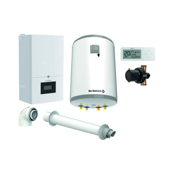 Pakiet - Kocioł gazowy jednofunkcyjny DE DIETRICH MCR4 19 kondensacyjny wiszący 2.5 - 20.7 kW+ Zestaw powietrzno-spalinowyKoncentryczny PP/Alu fi 60/100 + RegulatorAD248P + Zasobnik c.w.uAQUAvie100 + Filtr magnetyczny XS90