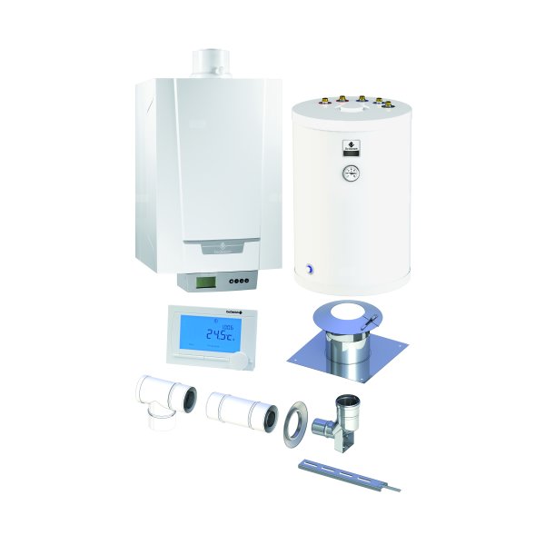 Pakiet - Kocioł gazowy jednofunkcyjny DE DIETRICH MCR3 Evo 24T kondensacyjny wiszący 6.1 - 24.8 kW + RegulatoriSense + Zestaw powietrzno-spalinowy szachtowy + Zasobnik c.w.uSRK150MG