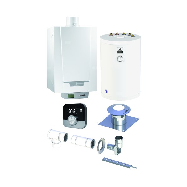 Pakiet - Kocioł gazowy jednofunkcyjny DE DIETRICH MCR3 Evo 24T kondensacyjny wiszący 6.1 - 24.8 kW + RegulatorSMART TC + Zestaw powietrzno-spalinowy szachtowy + Zasobnik c.w.uSRK100MG