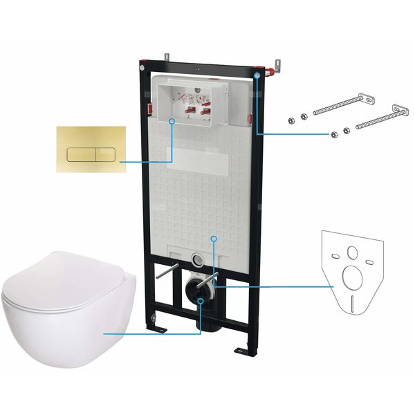 Miska wisząca peonia biała + deska + stelaż + przycisk złoto szczotkowane