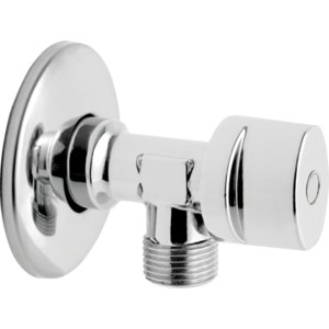 Zawór kulowy kątowy 1/2" x 3/4" z rozetą, uchwyt metalowy