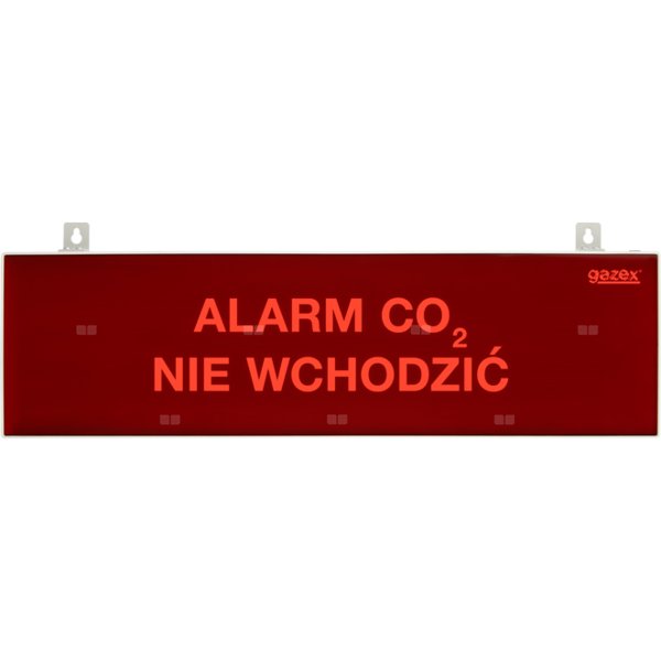 tablica ostrzegawcza "ALARM CO2 NIE WCHODZIĆ", podświetlenie czerwone LED, wbudowana cicha syrenka, zasilanie 12/24V