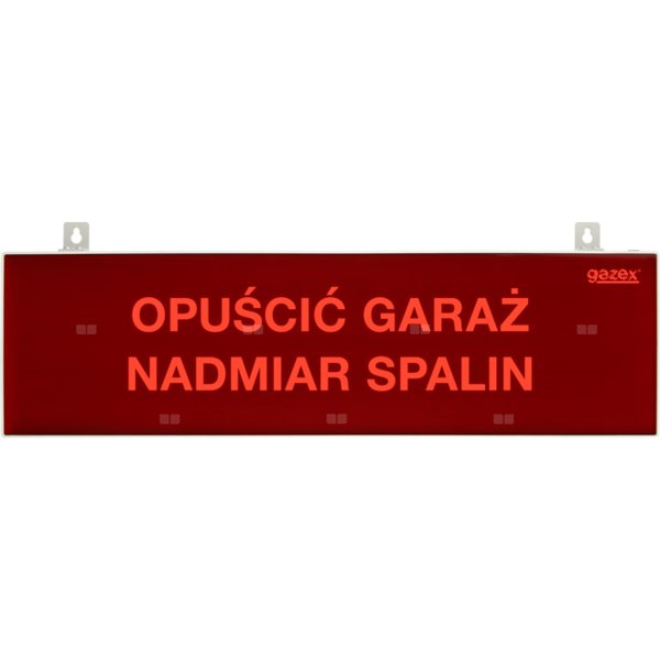 tablica ostrzegawcza dwustronna "OPUŚCIĆ GARAŻ NADMIAR SPALIN", podświetlenie czerwone LED, wbudowana cicha syrenka, zasilanie 230V