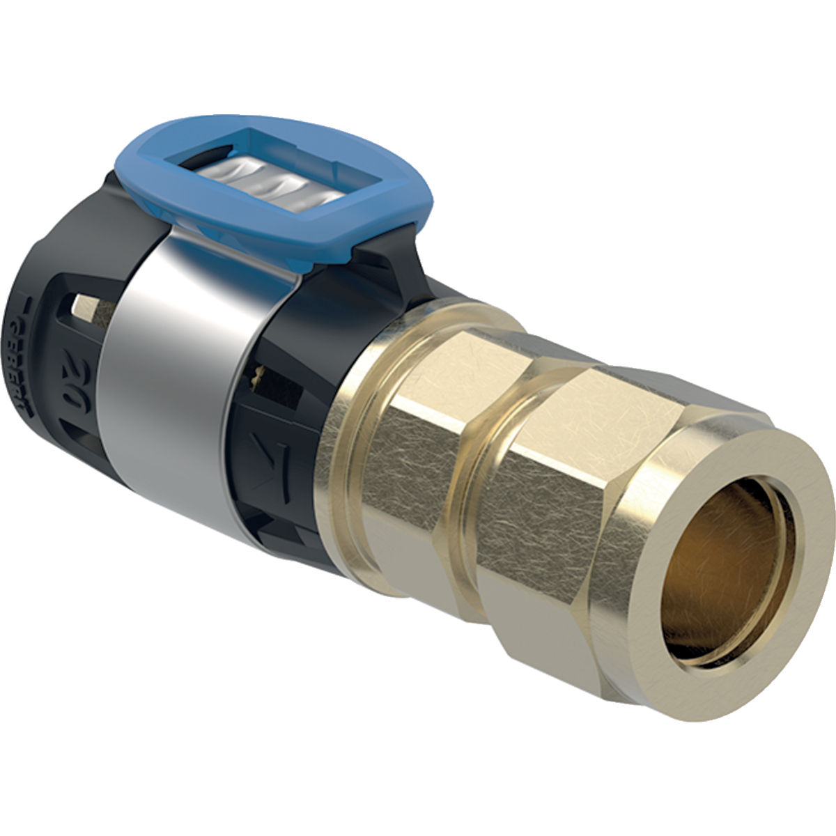 Złączka przejściowa  GEBERIT FlowFit, brąz krzemowy bezołowiowy, 16 mm x 12 mm (śrubunek zaciskowy x łącznik zaprasowywany)