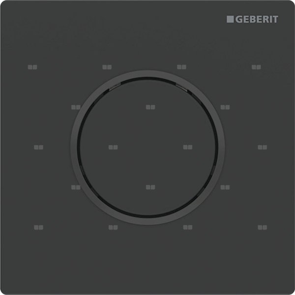 Przycisk uruchamiający Geberit typ 10 do zaworu spłukującego do pisuarów z pneumatycznym uruchamianiem spłukiwania, płyta i przycisk: lakierowane na kolor czarny matowy, z powłoką easy-to-clean, pierścień ozdobny: czarny