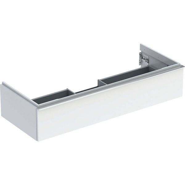 Szafka pod umywalkę Geberit iCon, z jedną szufladą: Szerokość umywalki=120cm, Korpus i front: biały / lakierowany na wysoki połysk, Uchwyt: chromowany z połyskiem