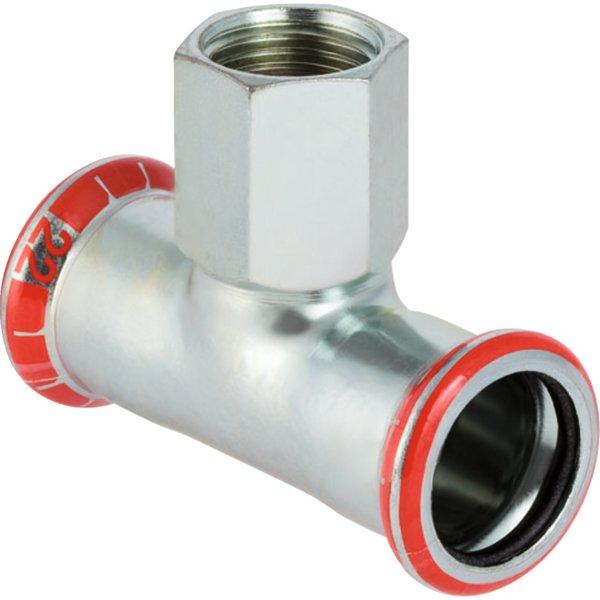 Trójnik GEBERIT Mapress C-Stahl przejściowy 90' stal (ocynk) 108 mm x 3/4'' x 108 mm (mufa zaciskowa x GW x mufa zaciskowa)