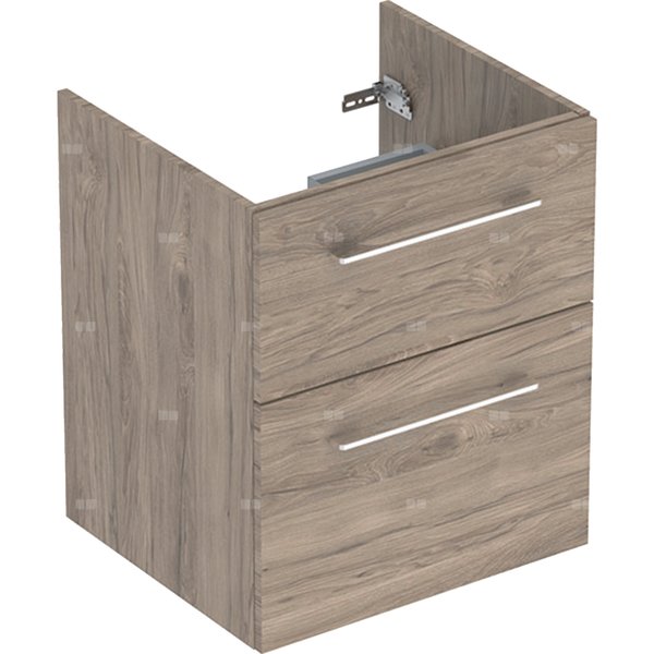 Szafka pod umywalkę meblową Geberit Selnova Square, slim, z dwoma szufladami: B=53.8cm, Szerokość umywalki=55cm, H=63.5cm, T=50.2cm, Orzech włoski hickory / Melamina, struktura drewna