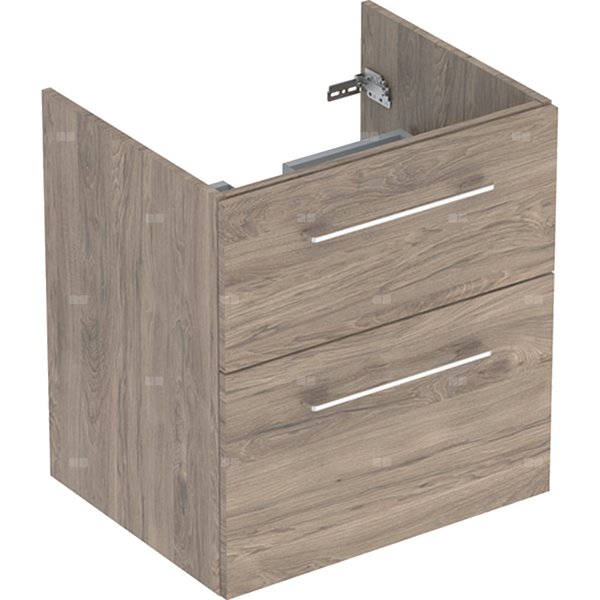 Szafka pod umywalkę meblową Geberit Selnova Square, slim, z dwoma szufladami: B=58.8cm, Szerokość umywalki=60cm, H=63.5cm, T=50.2cm, Orzech włoski hickory / Melamina, struktura drewna