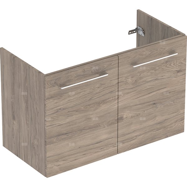 Szafka pod umywalkę meblową Geberit Selnova Square, slim, z dwoma drzwiami: B=98.8cm, Szerokość umywalki=100cm, H=63.5cm, T=50.2cm, Orzech włoski hickory / Melamina, struktura drewna