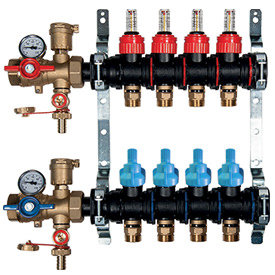 Rozdzielacz do ogrzewania podłogowego GIACOMINI R553FP 9-obieg. technopolimer 1'' x eurocono 3/4'' + przepływomierz + termometr + zawór napełn/spust + odpowietrznik + zawór przy przyłączu