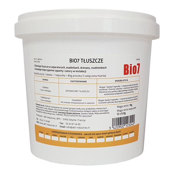 Bio7 TŁUSZCZE 1 KG - osadniki-separatory tłuszczu - EKSPLOATACJA - biopreparat do oczyszczalni, preparat , bakterie , biopreparat do osadnika , biopreparat do oczyszczalni drenażowej , biopreparat do oczyszczalni tunelowej , biopreparat do oczyszczalni biologicznej , biopreparat do separatorow
