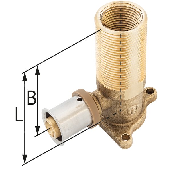 Kolano ścienne mosiężne z uszami do suchej zabudowy GZ/GW ultraPRESS - 16 G1/2" x G3/4" L = 78 mm