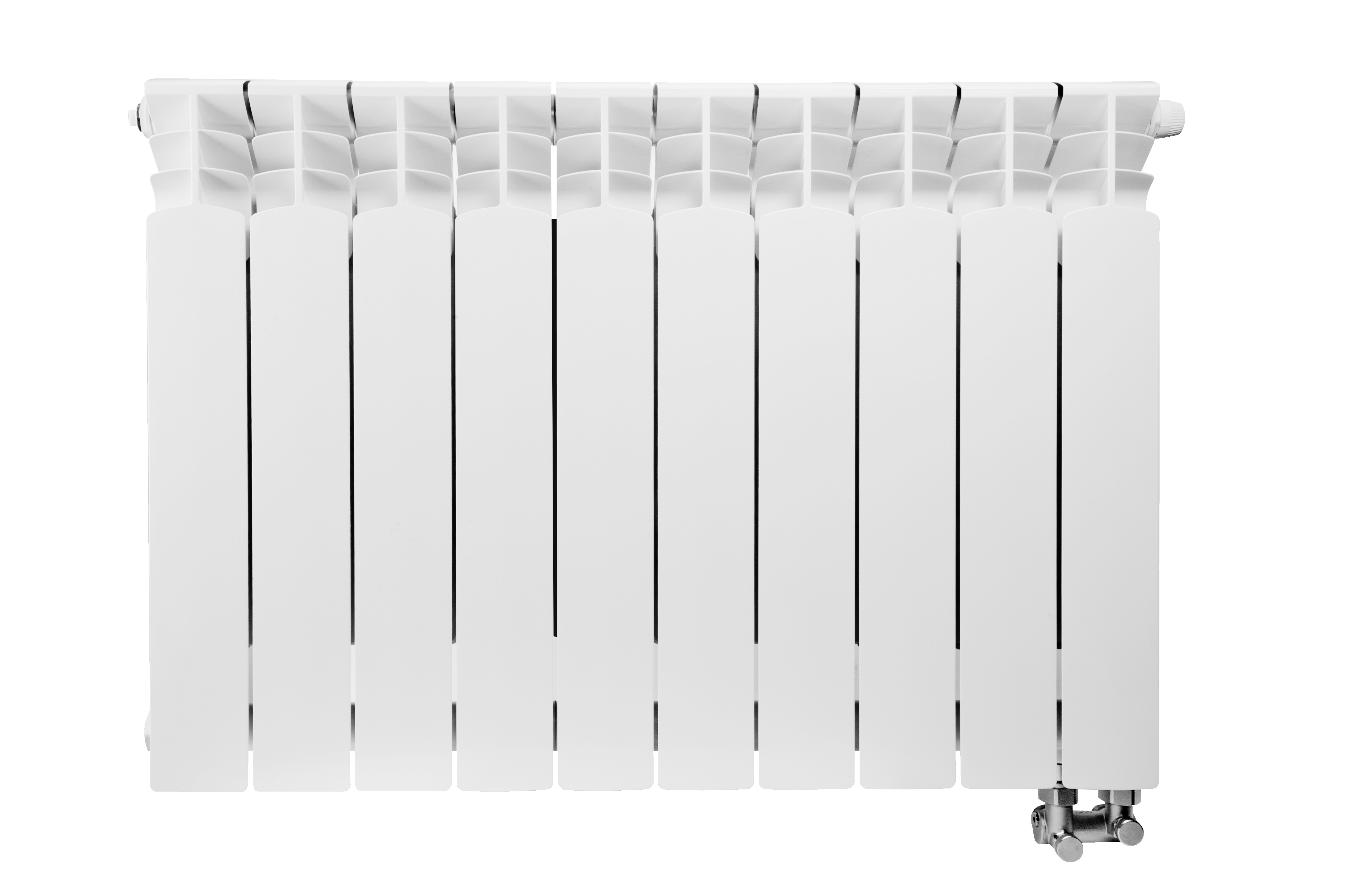Grzejnik żeberkowy KFA Armatura G500F/D aluminium, podłączenie dolne, prawe, kątowe 572 x 865 mm, kolor biały (RAL 9016)