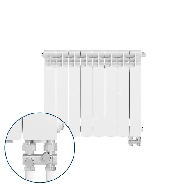 Grzejnik żeberkowy KFA Armatura G500F/D/8 aluminium, podłączenie dolne, prawe, proste 572 x 644 mm, kolor biały