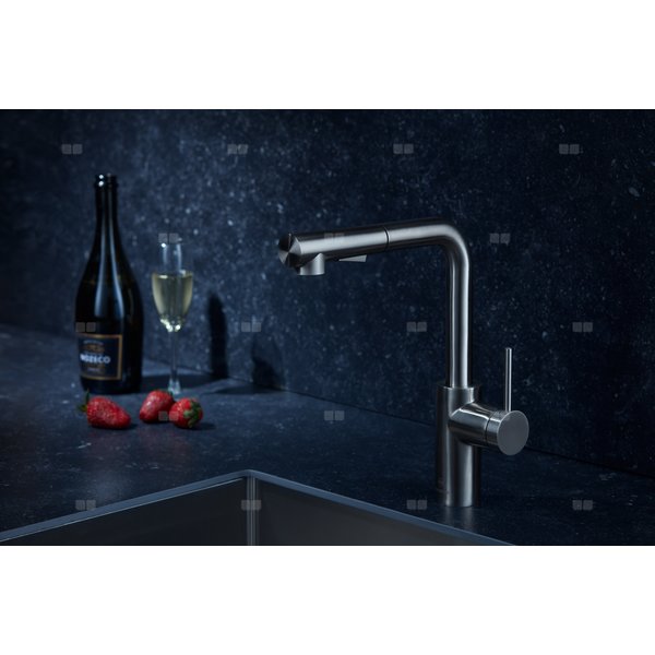 Bateria zlewozmywakowa stojąca KFA Armatura DUERO BASIC, kolor inox, wyciągana wylewka i obrotowa wylewka 2 funkcyjna, obrotowy górny, wys. 301 mm