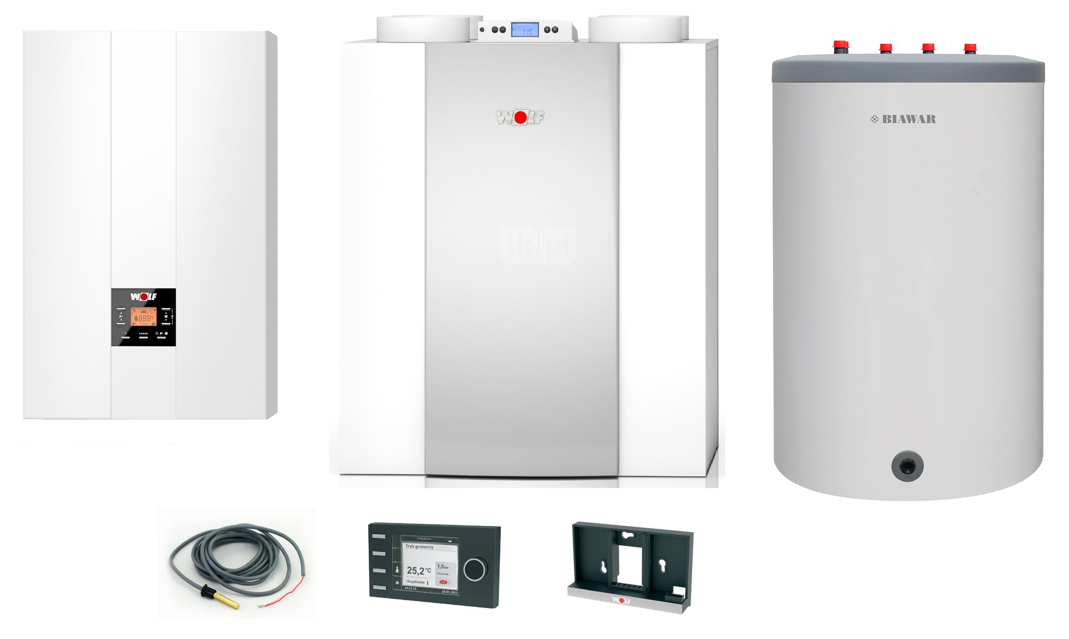 Pakiet - Kocioł gazowy jednofunkcyjny WOLF FGB-24 kondensacyjny wiszący 5.3 - 20.7 kW + Czujnik c.w.u. + RegulatorBM-2 + RekuperatorCWL 300L + Zasobnik c.w.uLindo 120L