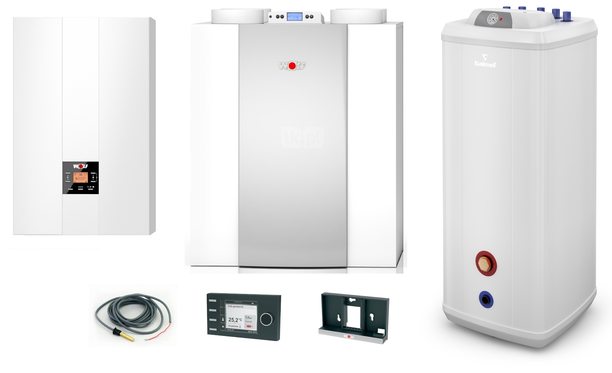 Pakiet - Kocioł gazowy jednofunkcyjny WOLF FGB-24 kondensacyjny wiszący 5.3 - 20.7 kW + Czujnik c.w.u. + RegulatorBM-2 + RekuperatorCWL 300L + Zasobnik c.w.uVulcan 100L stojący