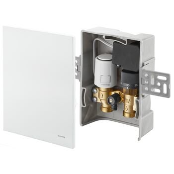 Unibox TQ-RTL R-Tronic, regulator temperatury pomieszczenia i ogranicznik temperatury powrotu, z bezprzewodowym odbiornikiem i automatycznym zaworem termostatycznym Q-tech, z maskownicą z tworzywa, białą