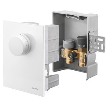 Unibox TQ-RTL, regulator temperatury pomieszczenia i ogranicznik temperatury powrotu, z termostatem Uni FHU i zaworem Q-tech, z maskownicą z tworzywa, białą, ze zintegrowanym pokrętłem