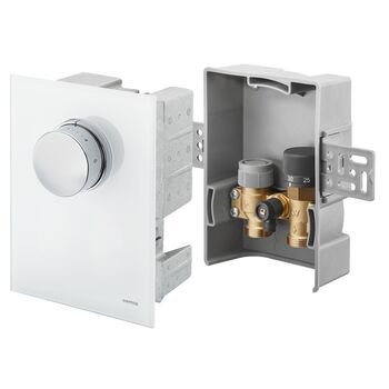 Unibox TQ-RTL, regulator temperatury pomieszczenia i ogranicznik temperatury powrotu, z termostatem Uni FHU i zaworem Q-tech, z maskownicą szklaną, białą, ze zintegrowanym pokrętłem