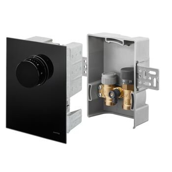 Unibox TQ-RTL, regulator temperatury pomieszczenia i ogranicznik temperatury powrotu, z termostatem Uni FHU i zaworem Q-tech, z maskownicą szklaną, czarną, ze zintegrowanym pokrętłem