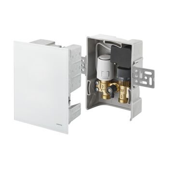 Unibox TQ-RTL R-Tronic, regulator temperatury pomieszczenia i ogranicznik temperatury powrotu, z bezprzewodowym odbiornikiem i automatycznym zaworem termostatycznym Q-tech, z maskownicą szklaną, białą