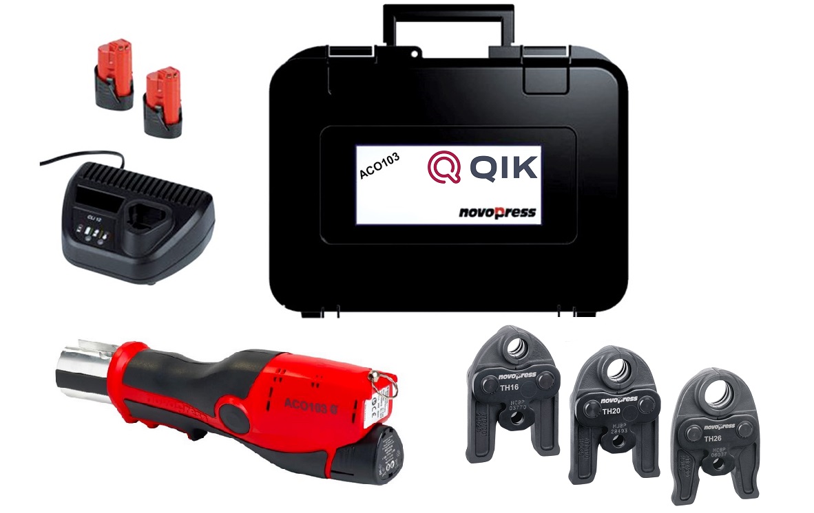Zaciskarka QIK Novopress 103 BT (akumulator) + dodatkowy akumulator + szczęki TH 16, 20, 26