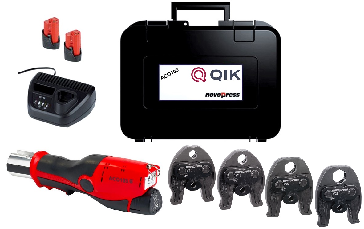 Zaciskarka QIK Novopress 103 BT (akumulator) + dodatkowy akumulator + szczęki V 15, 18, 22, 28