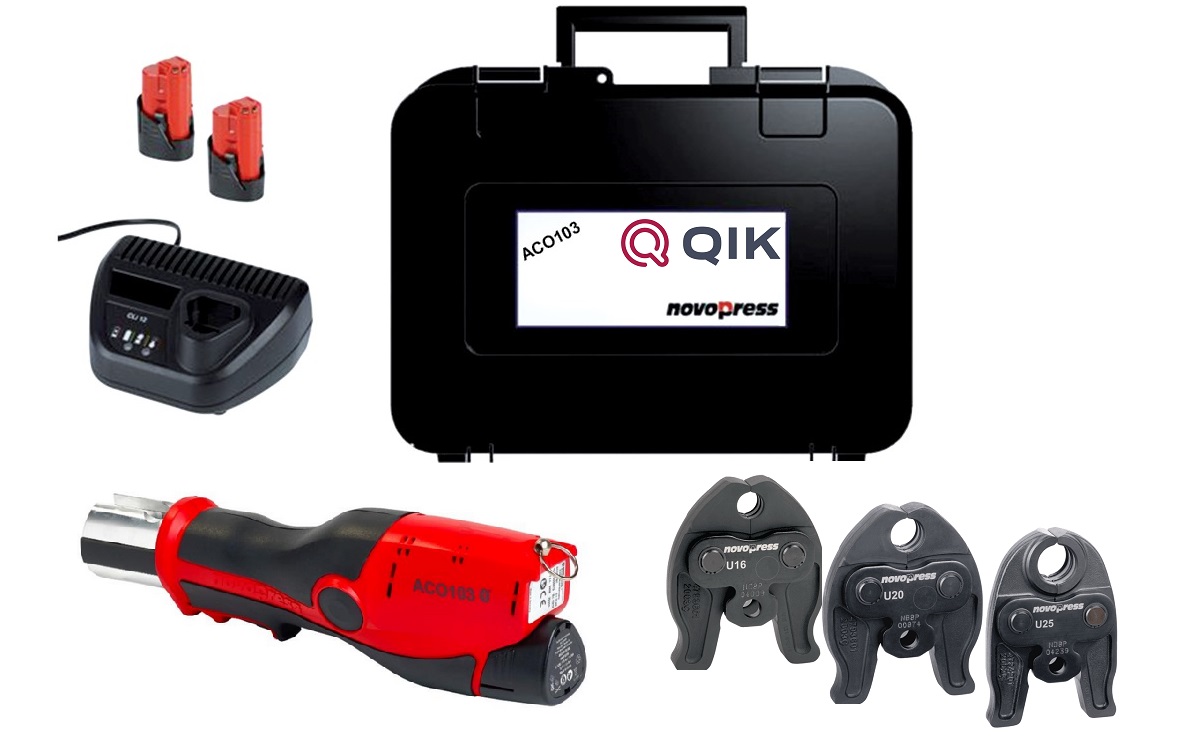 Zaciskarka QIK Novopress 103 BT (akumulator) + dodatkowy akumulator + szczęki U 16, 20, 25