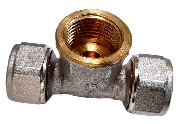 Trójnik QIK Skręcany do rur wielowarstwowych mosiądz 16 mm x 1/2'' x 16 mm (złącze skręcane x GW x złącze skręcane)