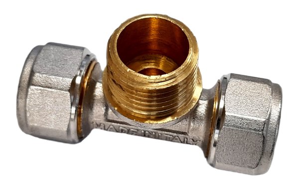 Trójnik QIK Skręcany do rur wielowarstwowych mosiądz 26 mm x 1'' x 26 mm (złącze skręcane x GZ x złącze skręcane)