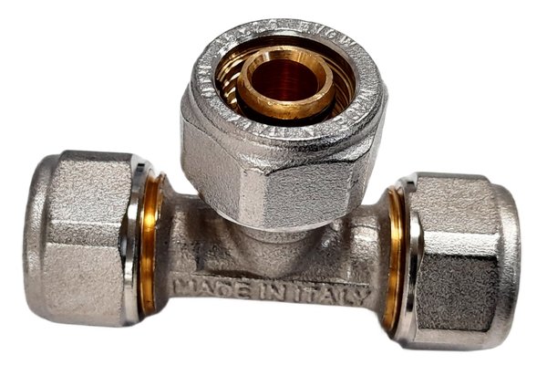 Trójnik QIK Skręcany do rur wielowarstwowych redukcja mosiądz 16 mm x 20 mm x 16 mm (złącze skręcane x złącze skręcane x złącze skręcane)