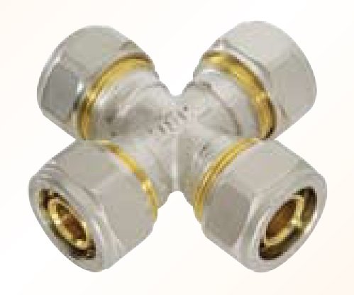 Czwórnik QIK czwórnik skręcany mosiądz, 16 mm x 16 mm x 16 mm x 16 mm, złącze skręcane x złącze skręcane x złącze skręcane x złącze skręcane