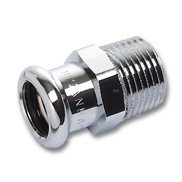 Nypel SANHA Press, Cu (chromowanie), 18 mm x 1/2'' (zw x GZ)