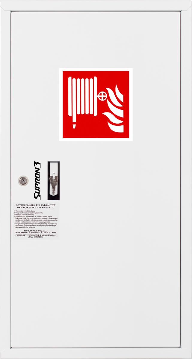 Hydrant DN33 zawieszany boczny, wąż 30m, ocynk fasada, zamek patent, RAL 9003 prawy