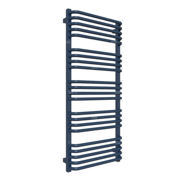 Grzejnik elektryczny TERMA ALEX ONE 500 x 1140 mm, kolor niebieski szafirowy RAL5003, moc 600 W, podłączenie E1, kabel spiralny z wtyczką 2,5m srebrzysty