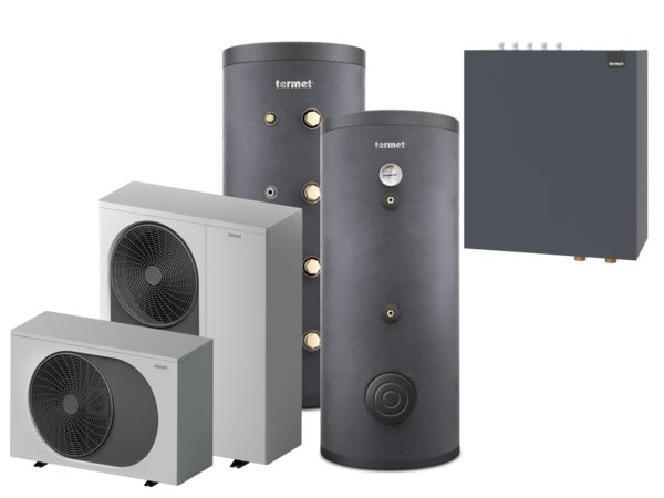 Pakiet 2 - Pompa ciepła powietrzna powietrze-woda monoblok TERMET Heat Gold 9 DC 5.9 kW 230 V + Zasobnik c.w.u. TERMET AQUA 200 + Zasobnik buforowy TERMET ENERGY 100 + Moduł hydrauliczny T-Box 13 PG HP