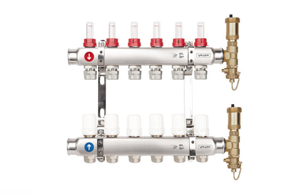 Rozdzielacz hydrauliczny VALVEX Base Inox K5 PLUS-6 stal nierdzewna, odgałęzień: 6 (3/4'') + zawory termostatyczne + przepływomierze
