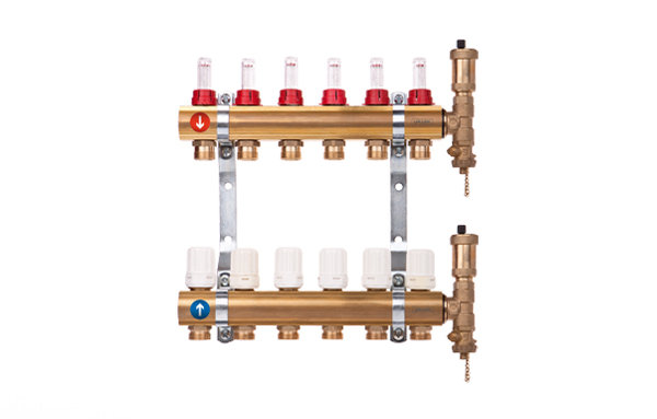 Rozdzielacz hydrauliczny VALVEX Proff K5-9 mosiądz, odgałęzień: 9 (1/2''), do CO + zawory termostatyczne + przepływomierze