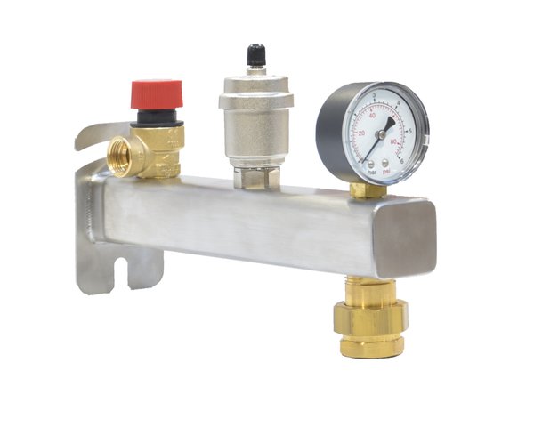 Grupa bezpieczeństwa INOX do c.o, 3 bar z wyposażeniem, z szybkozłączem 3/4” do naczynia przeponowego (z manometrem, zaworem bezpieczeństwa 3 bar i automatycznym odpowietrznikiem, z szybkozłączem 3/4”)