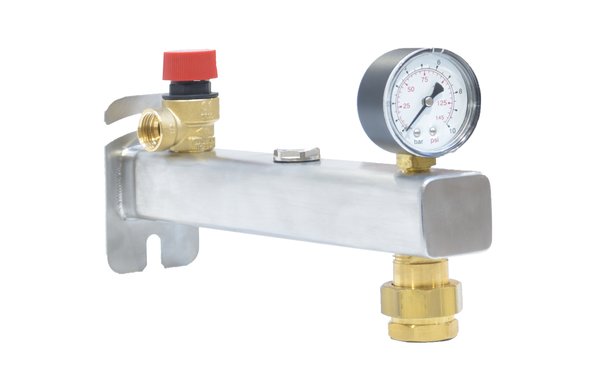 Grupa bezpieczeństwa INOX do c.w.u., 6 bar, z wyposażeniem, z szybkozłączem 3/4” do naczynia przeponowego (z manometrem i zaworem bezpieczeństwa 6 bar, z szybkozłączem 3/4”)